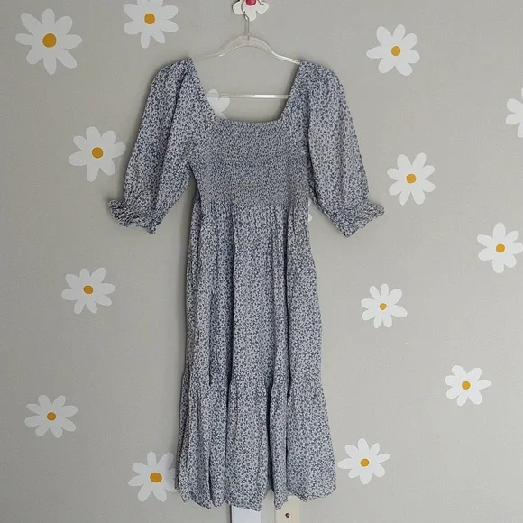 Madewell Lucie Elbow-Sleeve Smocked Midi Dress In Sunflower Field Ocean Blue - Picture 5 of 15